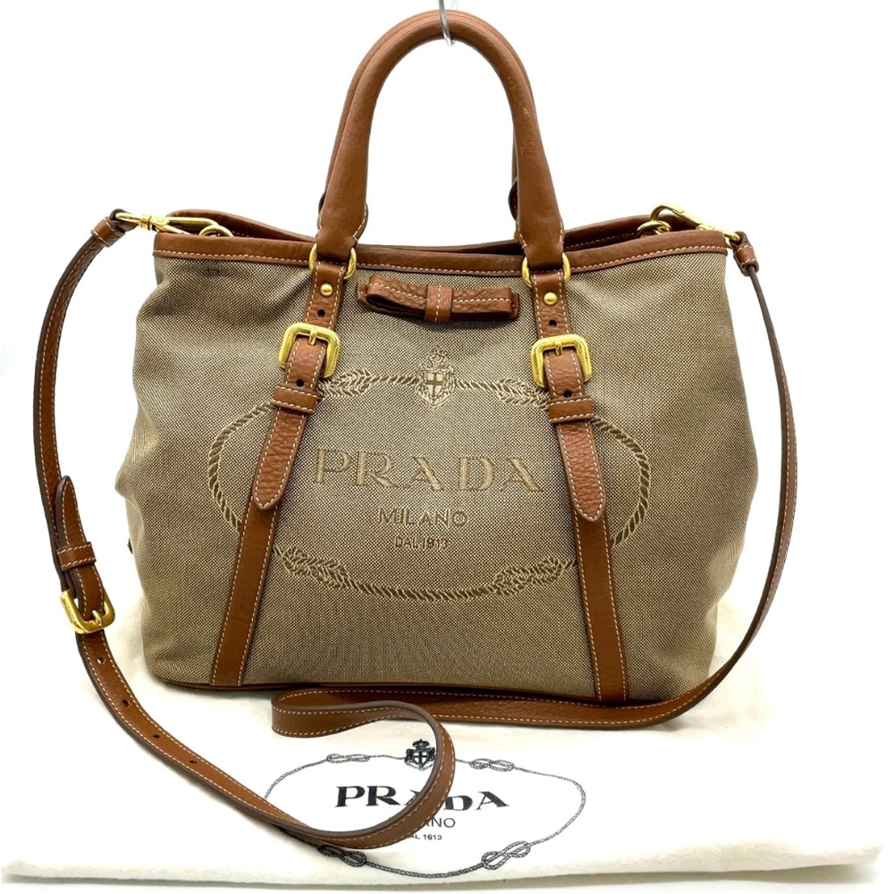 Prada Logo Khaki Brown Leather Two-Way Handbag